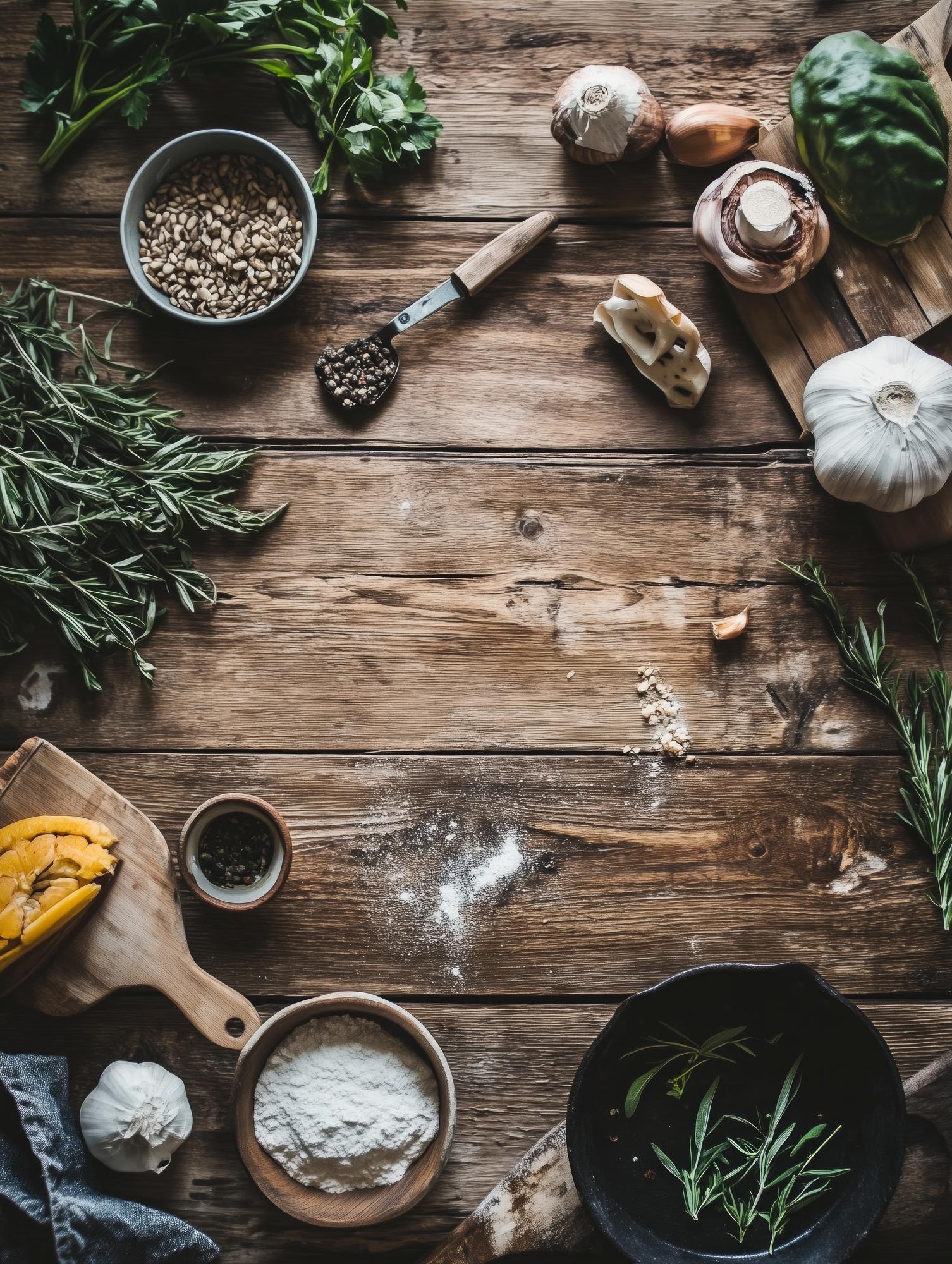 Interior of a small creative kitchen studio with herbs and tools