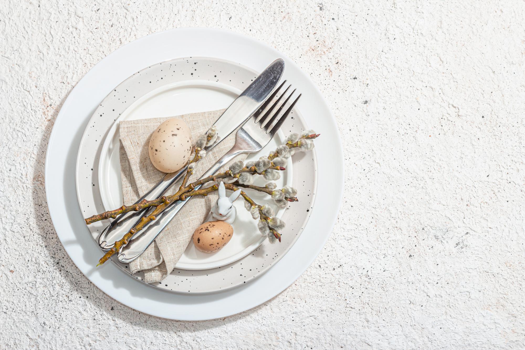 Overhead shot of plated tasting menu on rustic table
